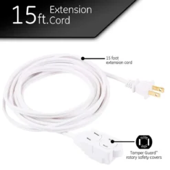 GE 3-Outlet 15ft. Extension Cord with Twist-to-Close Outlets, White