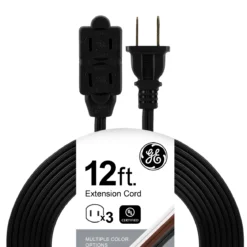 GE 3-Outlet 12ft. Extension Cord with twist-to-Close Outlets, Black