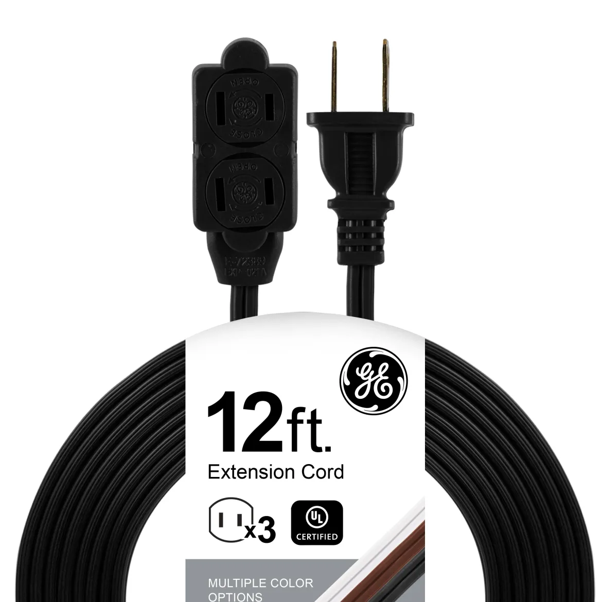 GE 3-Outlet 12ft. Extension Cord with twist-to-Close Outlets, Black