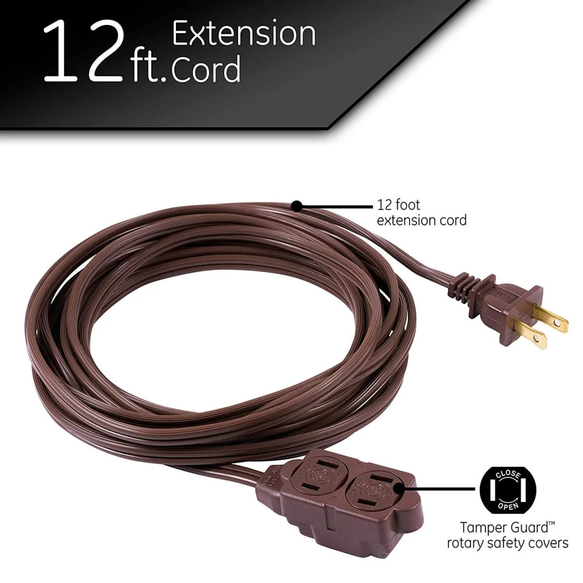GE 3-Outlet 12ft. Extension Cord with Twist-to-Close Outlets, Brown