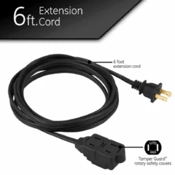 GE 3-Outlet 6ft. Indoor Extension Cord with Twist-to-Close Outlets, Black