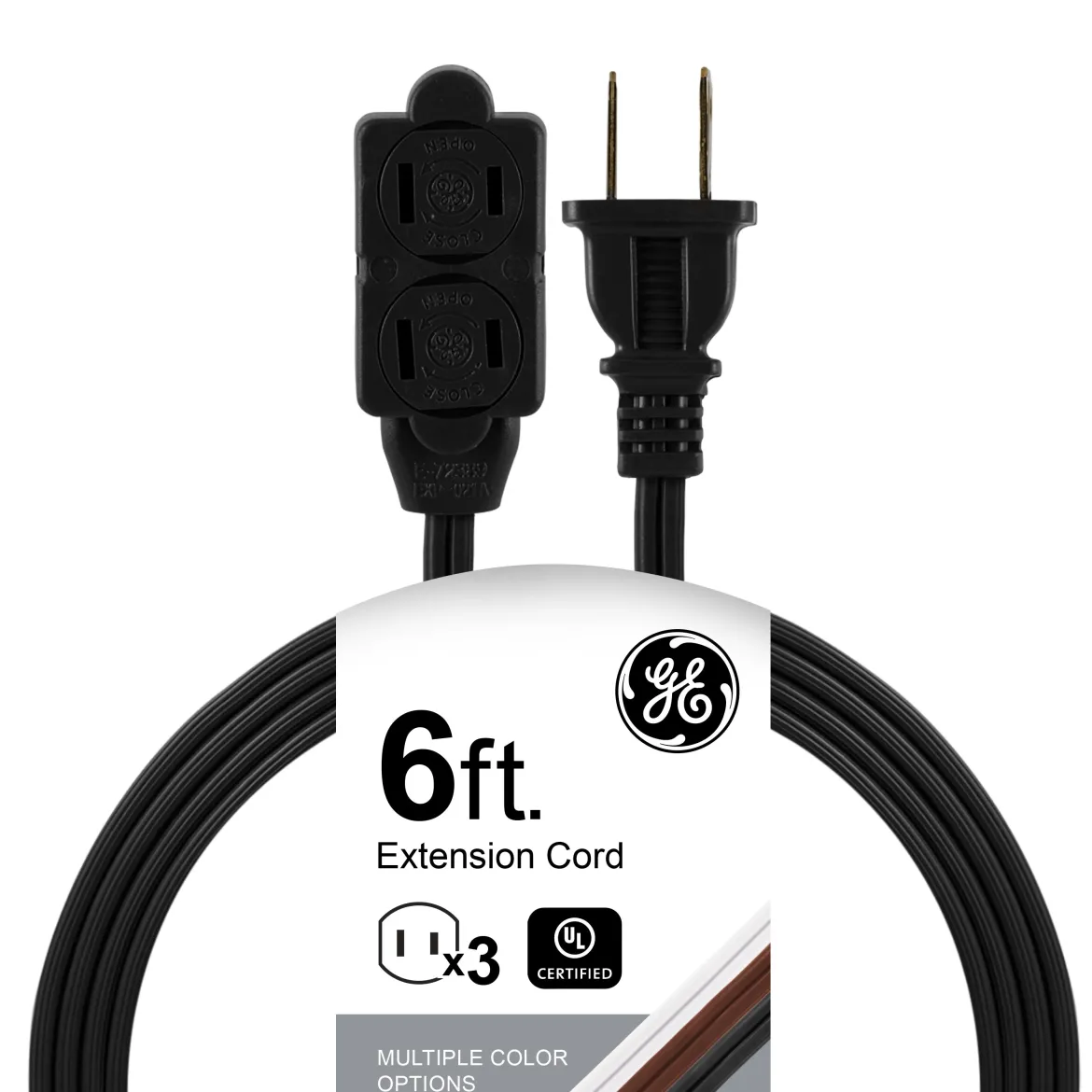 GE 3-Outlet 6ft. Indoor Extension Cord with Twist-to-Close Outlets, Black