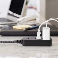 GE 3-Outlet 1ft. Mini Braided Extension Cord and Flat Plug, Black/Gray
