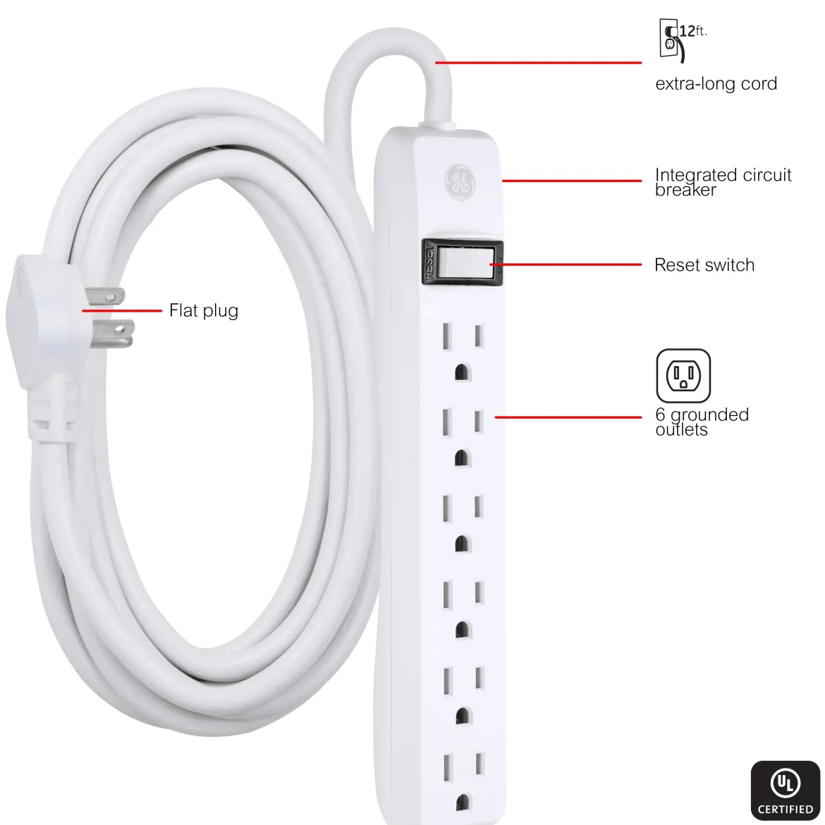 GE 6-Outlet 12ft. Power Strip, White