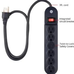 GE 6-Outlet 3ft. Power Strip with Twist-to-Close Safety Covers, Black