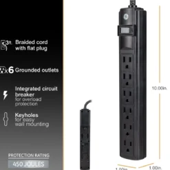 GE 6-Outlet 3ft. Surge Protector, 2 Pack, Black