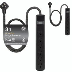 GE 6-Outlet 3ft. Surge Protector, 2 Pack, Black