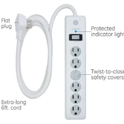 GE 6-Outlet 6ft. Surge Protector With Twist-To-Close Safety Covers, 2 Pack, White