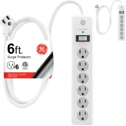 GE 6-Outlet 6ft. Surge Protector With Twist-To-Close Safety Covers, 2 Pack, White