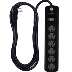 GE 6-Outlet 8ft. Surge Protector with Twist-to-Close Safety Covers, Black