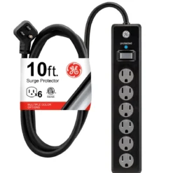 GE 6-Outlet 10ft. Surge Protector With Twist-To-Close Safety Covers, Black