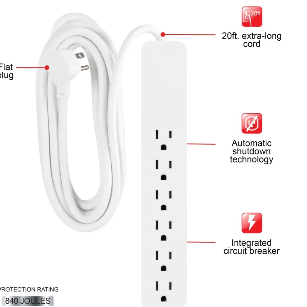 GE 6-Outlet 20ft. Surge Protector, White