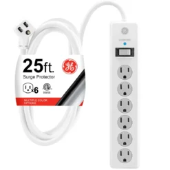 GE 6-Outlet 25ft. Surge Protector with Twist-to-Close Safety Outlet Covers, White