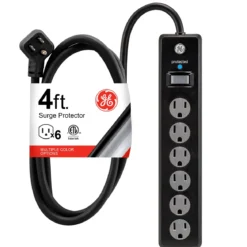 GE 6-Outlet 4ft. Surge Protector with Twist-to-Close Safety Covers, Black
