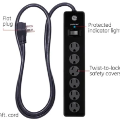 GE 6-Outlet 4ft. Surge Protector with Twist-to-Close Safety Covers, Black