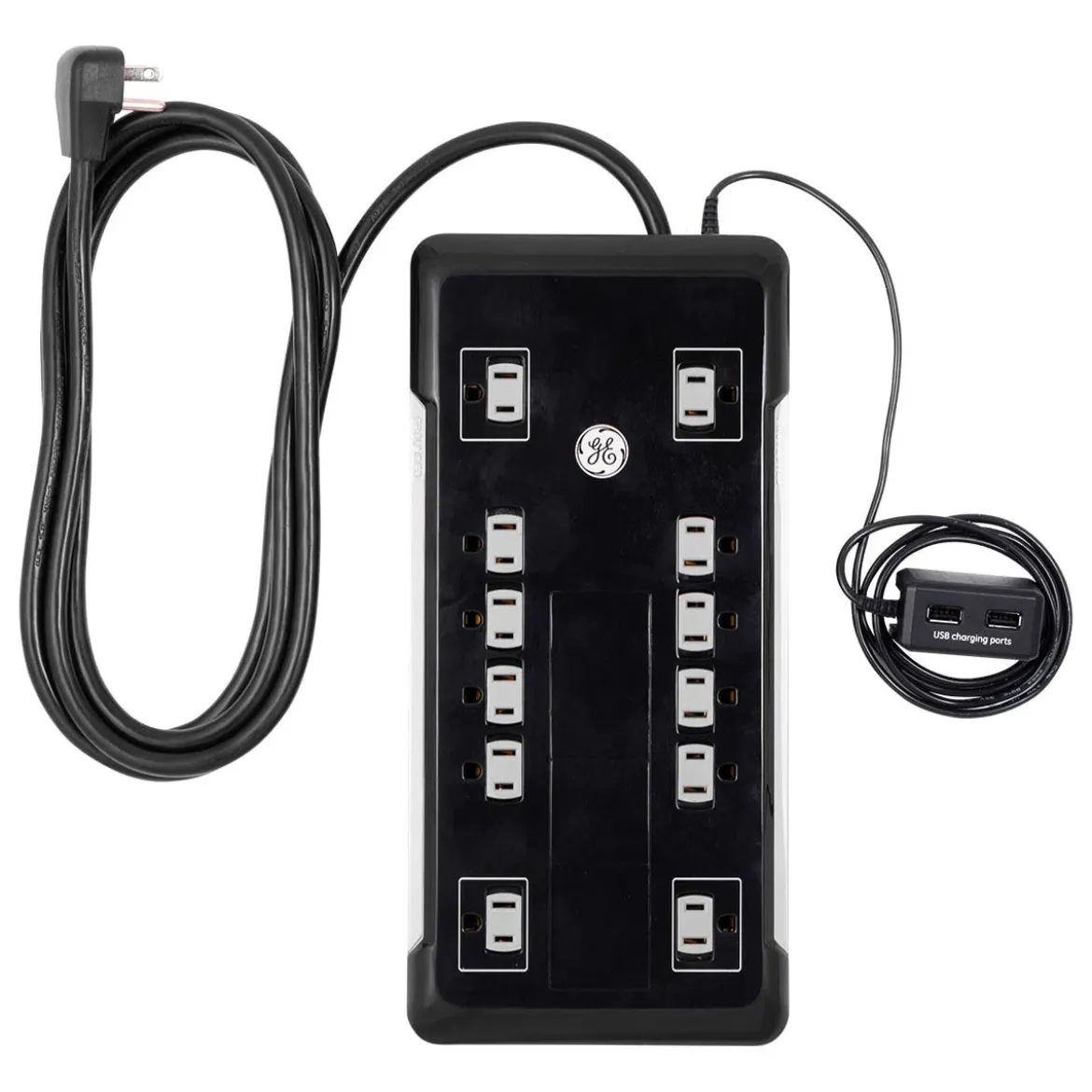 GE 12-Outlet 8ft. Surge Protector with 2-USB Tether, Black