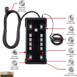 GE 12-Outlet 8ft. Surge Protector with 2-USB Tether, Black