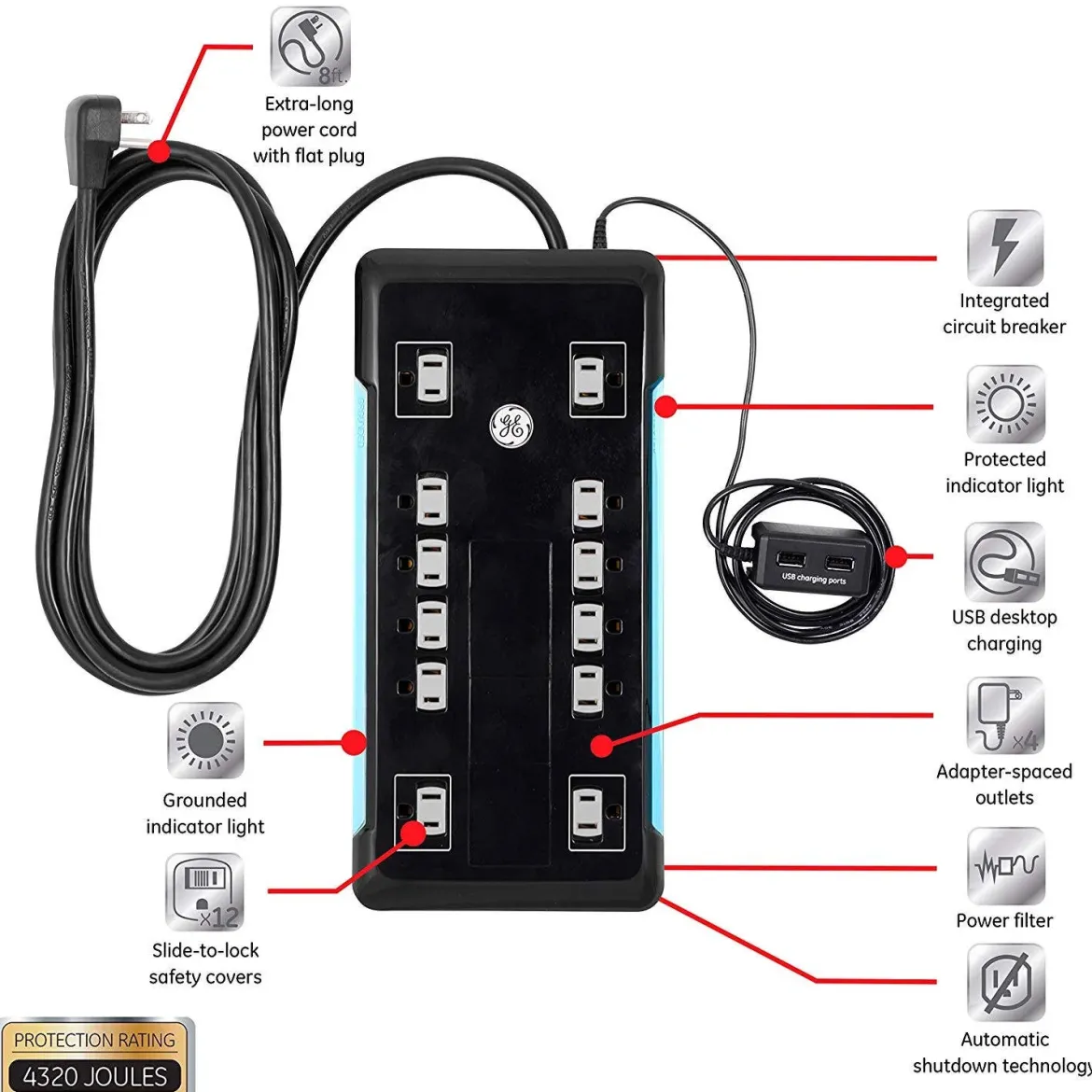 GE 12-Outlet 8ft. Surge Protector with 2-USB Tether, Black
