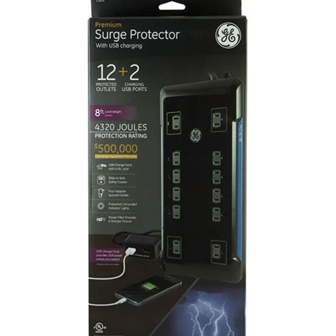 GE 12-Outlet 8ft. Surge Protector with 2-USB Tether, Black