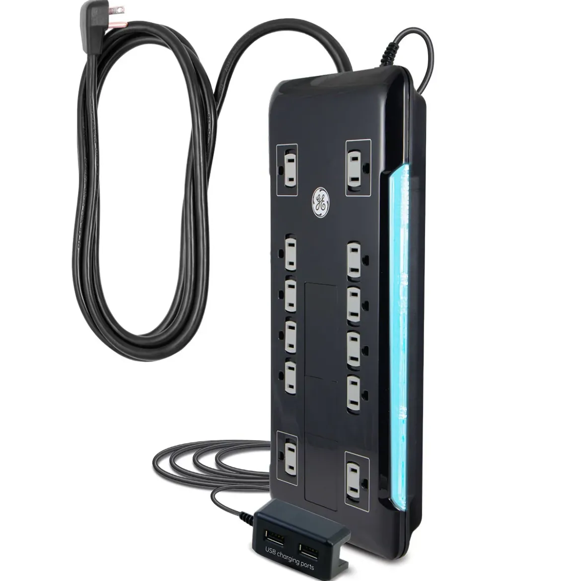 GE 12-Outlet 8ft. Surge Protector with 2-USB Tether, Black