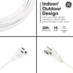 GE 1-Outlet Grounded Extension Cord, Outdoor, 20ft., 16AWG, White