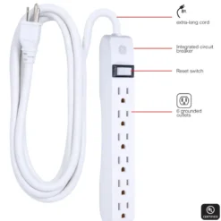 GE 6-Outlet Power Strip 8ft, White