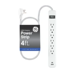 GE 6-Outlet Power Strip with USB, 1 USB-A & 1 USB-C Port, 4ft Braided Extension Cord, White