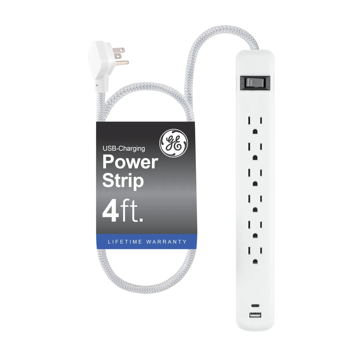 GE 6-Outlet Power Strip with USB, 1 USB-A & 1 USB-C Port, 4ft Braided Extension Cord, White