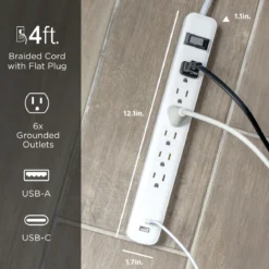 GE 6-Outlet Power Strip with USB, 1 USB-A & 1 USB-C Port, 4ft Braided Extension Cord, White