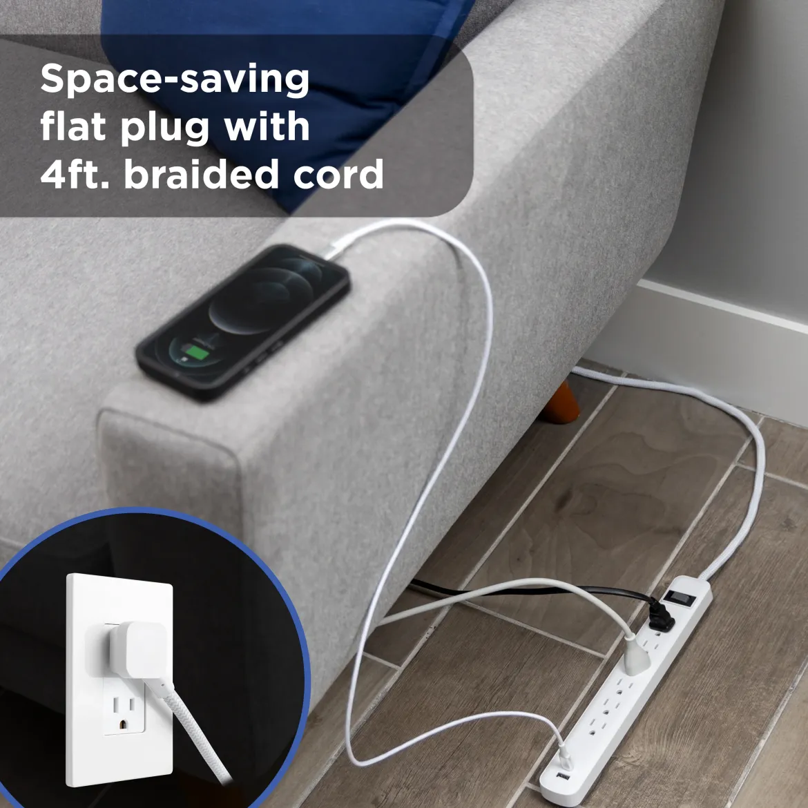 GE 6-Outlet Power Strip with USB, 1 USB-A & 1 USB-C Port, 4ft Braided Extension Cord, White