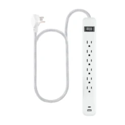 GE 6-Outlet Power Strip with USB, 1 USB-A & 1 USB-C Port, 4ft Braided Extension Cord, White