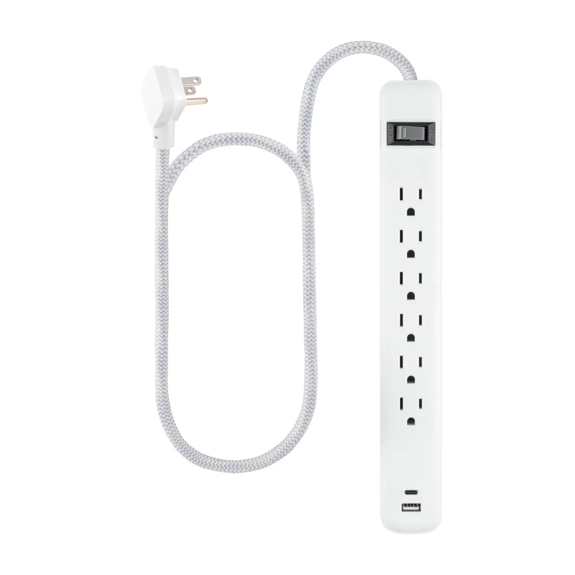 GE 6-Outlet Power Strip with USB, 1 USB-A & 1 USB-C Port, 4ft Braided Extension Cord, White