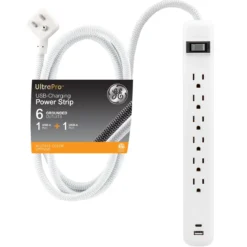 GE 6-Outlet Power Strip with USB, 1 USB-A & 1 USB-C, Flat Plug, White