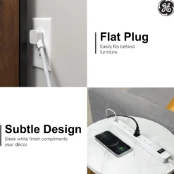 GE 6-Outlet Power Strip with USB, 1 USB-A & 1 USB-C, Flat Plug, White