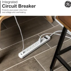 GE 6-Outlet Power Strip with USB, 1 USB-A & 1 USB-C, Flat Plug, White