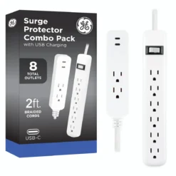 GE 6-Outlet Surge Protector and 2-Outlet Surge Protector with 2 USB-C, 2ft and 245J, White, Combo Pack