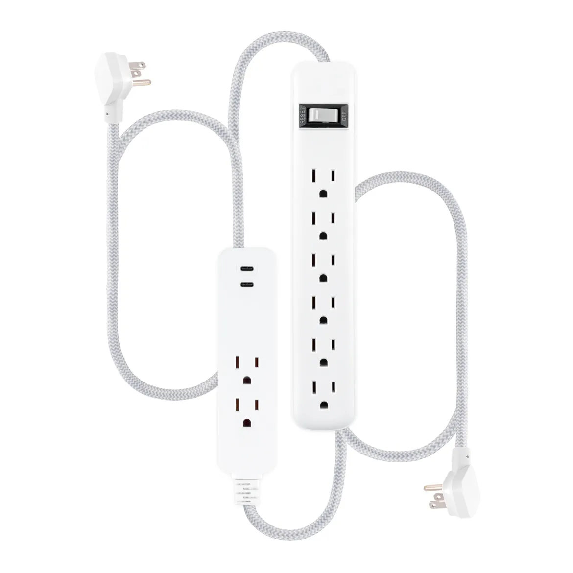 GE 6-Outlet Surge Protector and 2-Outlet Surge Protector with 2 USB-C, 2ft and 245J, White, Combo Pack
