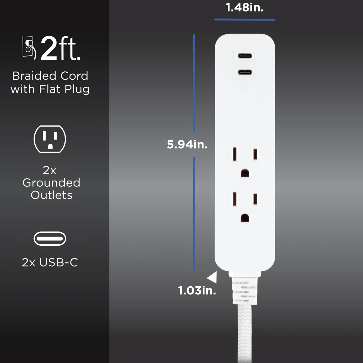 GE 6-Outlet Surge Protector and 2-Outlet Surge Protector with 2 USB-C, 2ft and 245J, White, Combo Pack