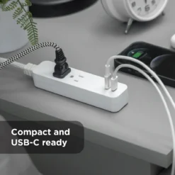 GE 6-Outlet Surge Protector and 2-Outlet Surge Protector with 2 USB-C, 2ft and 245J, White, Combo Pack