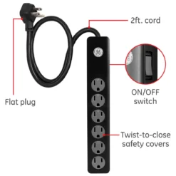 GE 6-Outlet Surge Protector Extension Cord, 450J, Black, 2ft., 2pk