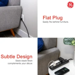 GE 6-Outlet Surge Protector Extension Cord, 800J, Black, 10ft., 2pk
