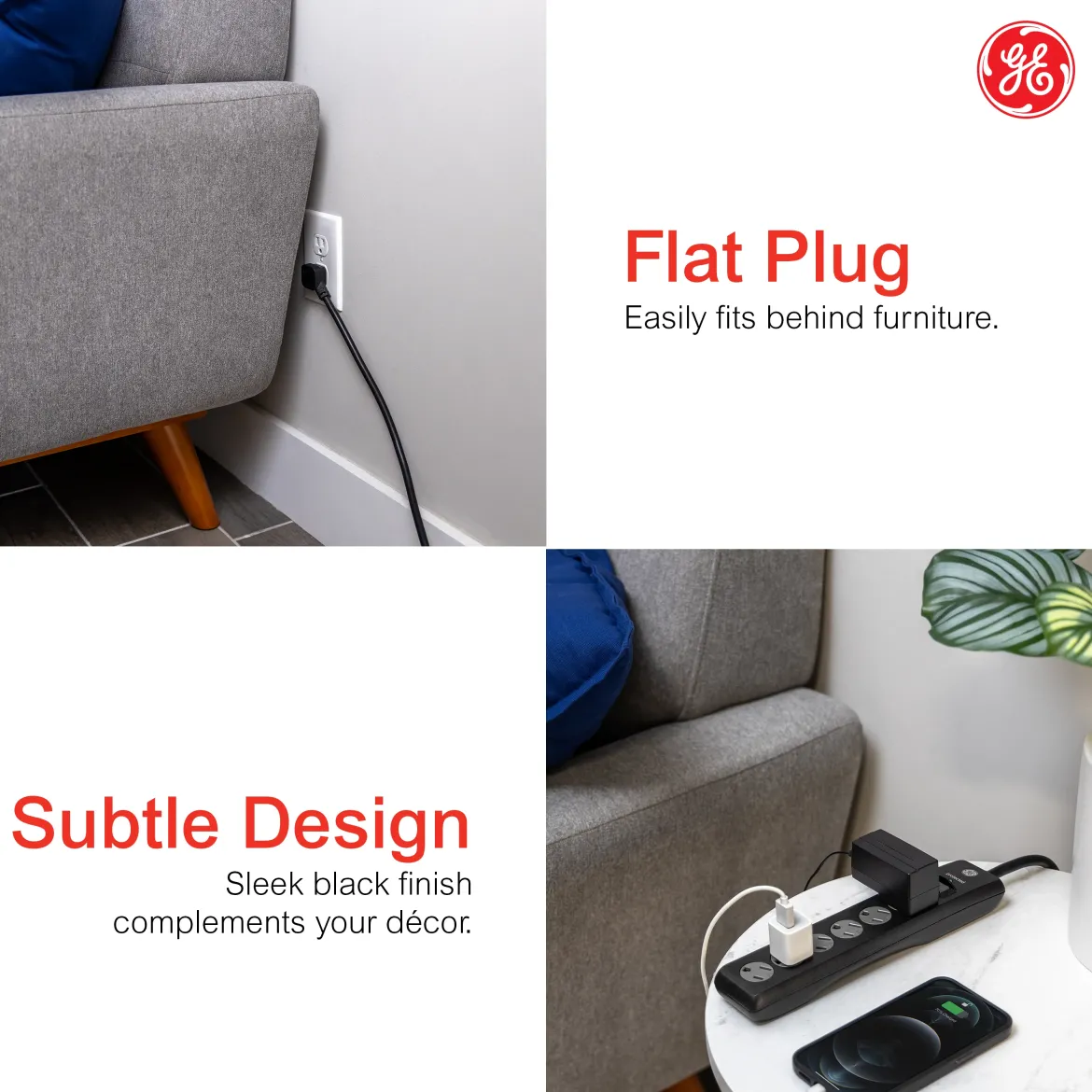 GE 6-Outlet Surge Protector Extension Cord, 800J, Black, 10ft., 2pk