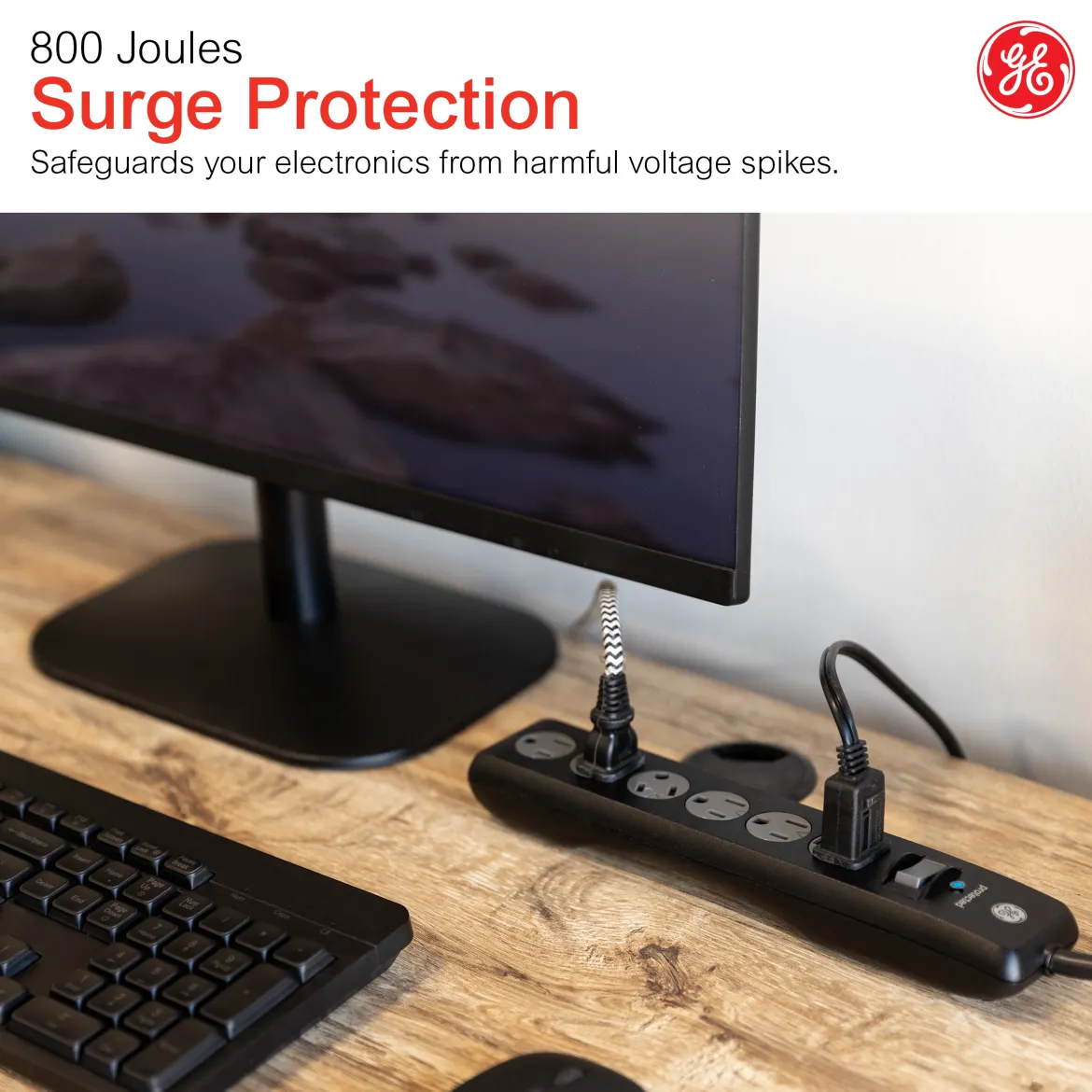 GE 6-Outlet Surge Protector Extension Cord, 800J, Black, 10ft., 2pk