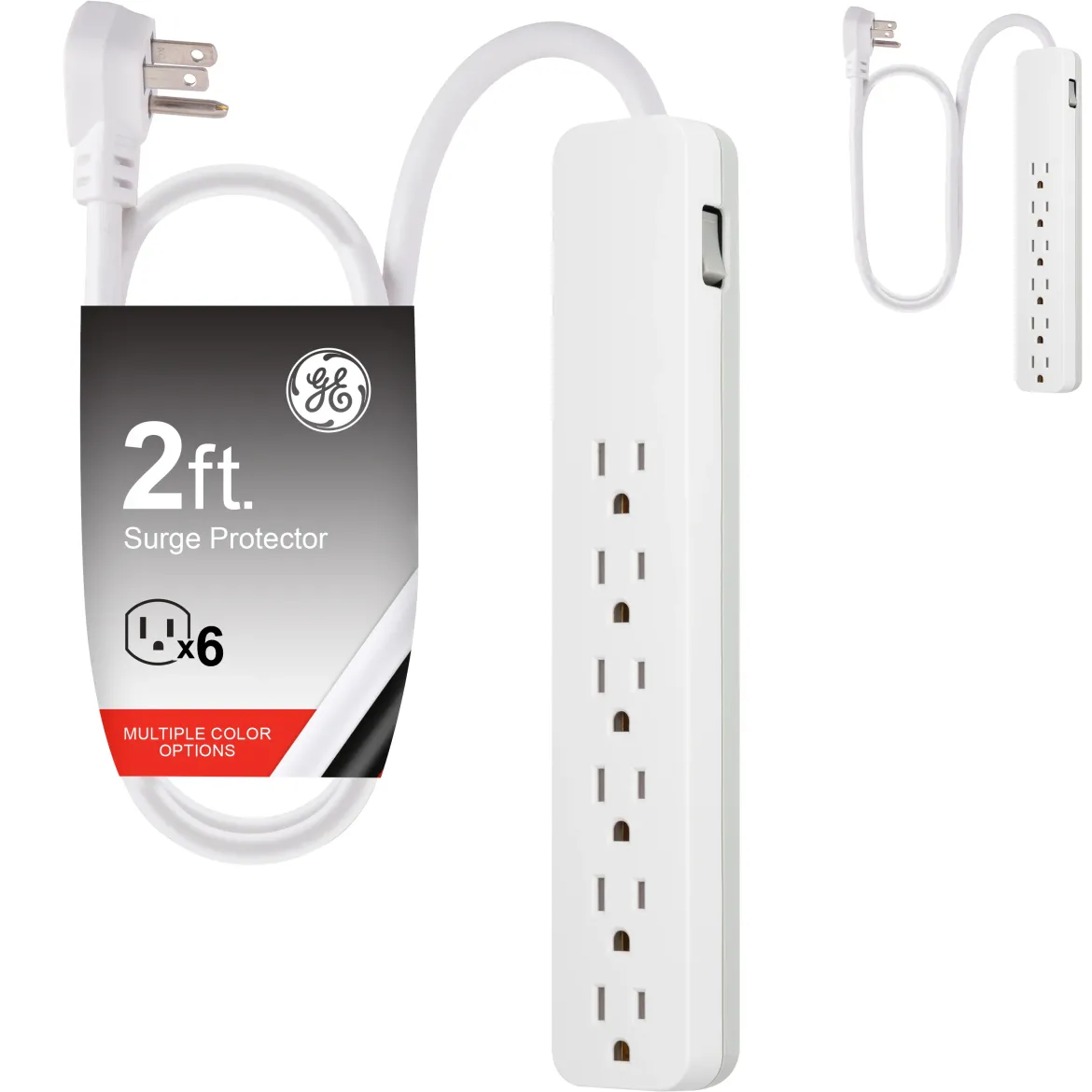 GE 6-Outlet Surge Protector, 620J, 2ft. White, 2pk