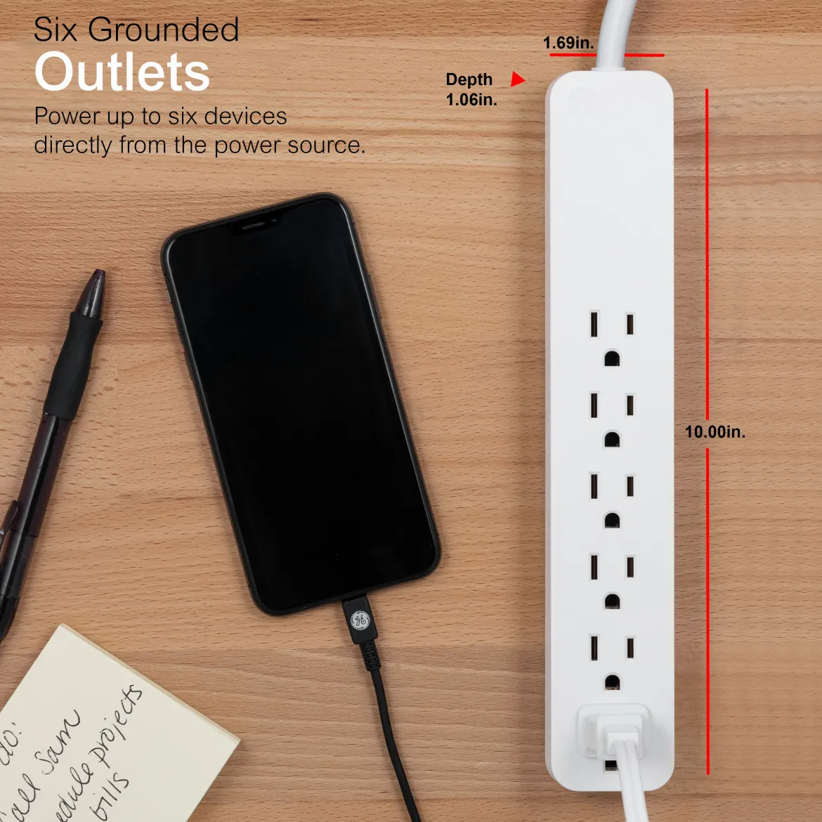 GE 6-Outlet Surge Protector, 620J, 2ft. White, 2pk