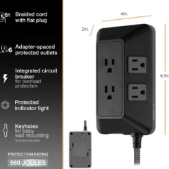 GE 6-Outlet Surge Protector With Adapter-Spaced Outlets, 6ft. Braided Cord, Black