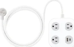 GE 3-Outlet Surge Protector with USB, 245 Joules, 1 USB-A & 1 USB-C Port, 4ft Braided Extension Cord, Flat Plug, White/Gray