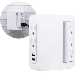 GE 5-Outlet Swivel Surge Tap with USB, 560J, 2 Ports, 2.4A, White, 2 Pack