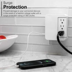 GE 5-Outlet Swivel Surge Tap with USB, 560J, 2 Ports, 2.4A, White, 2 Pack
