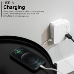 GE 5-Outlet Swivel Surge Tap with USB, 560J, 2 Ports, 2.4A, White, 2 Pack